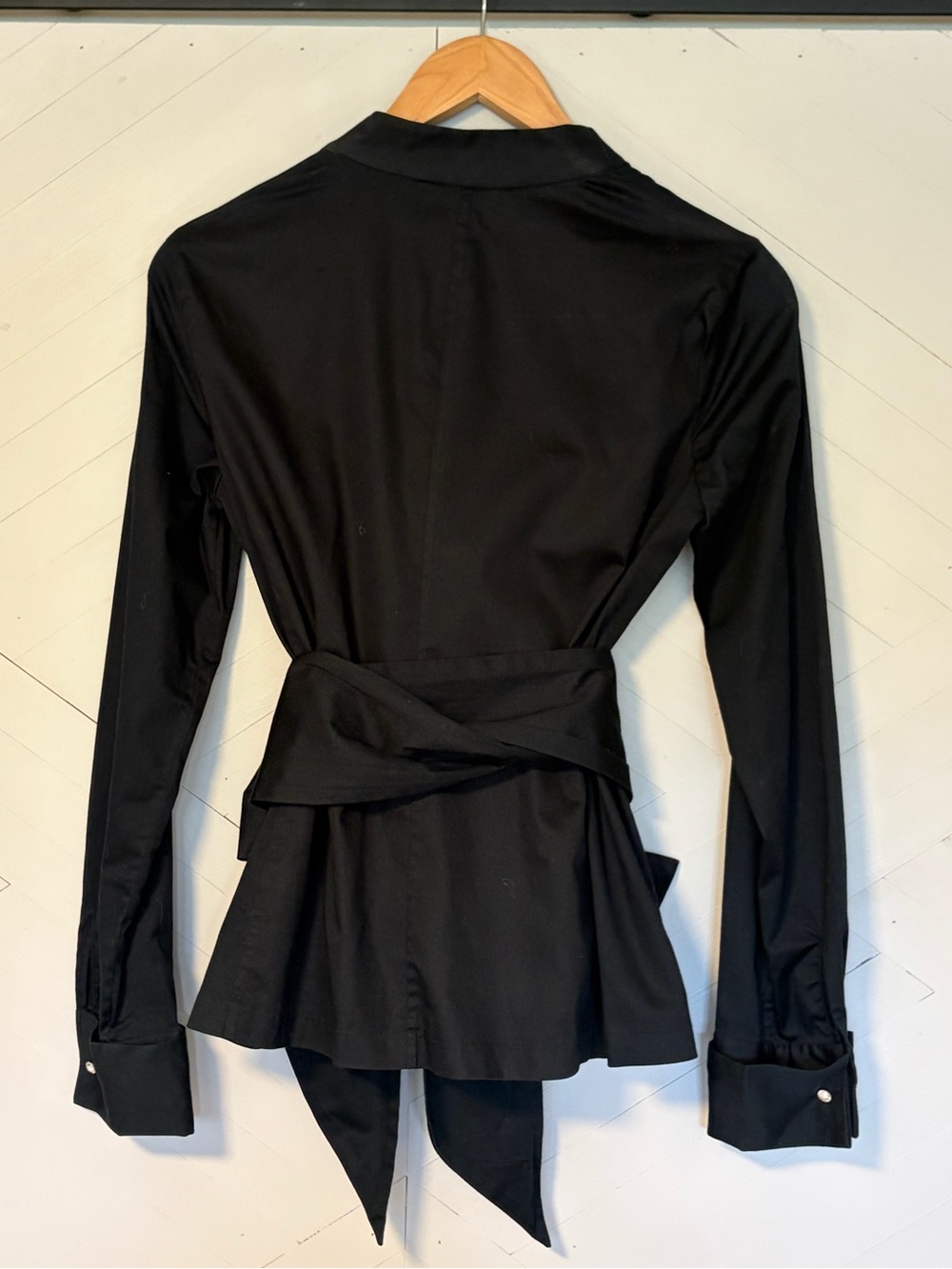Black Wrap Satin-Look Tie-Waist Women's Top - Picture 2 of 7